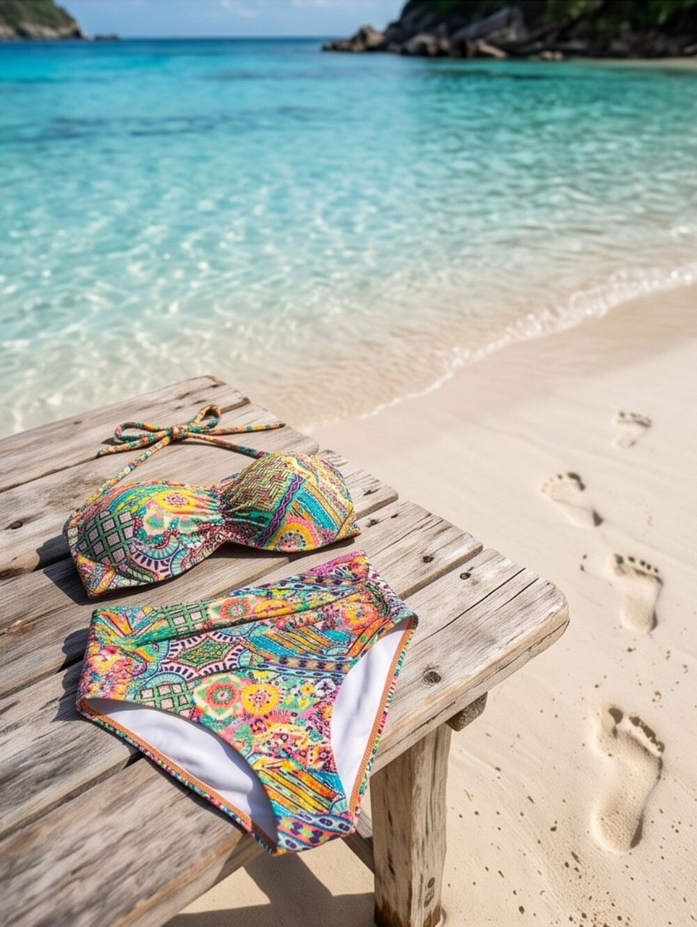 BECCA by Rebecca Colorful Mosaic Print Bandeau Bikini Set – High Waist – Sz 6